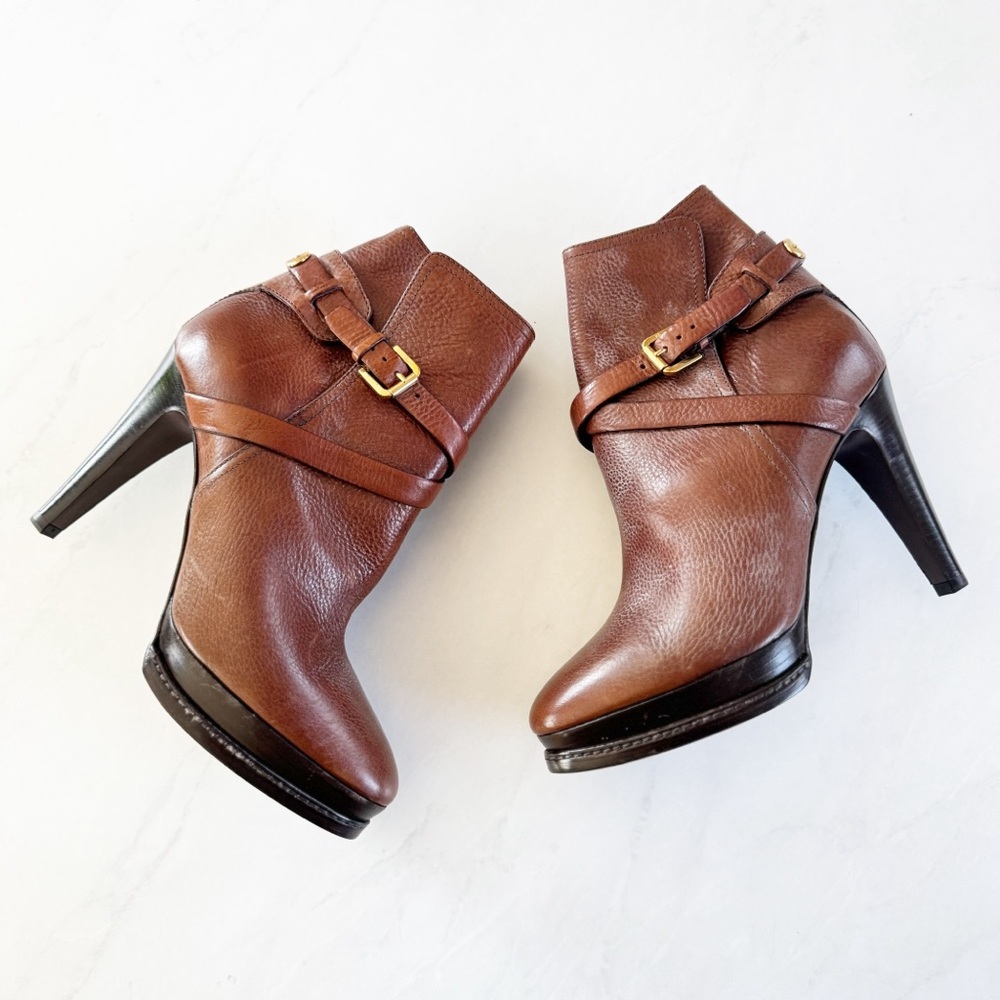 Ralph Lauren Brown Leather Heeled Ankle Boots with Gold Buckles
